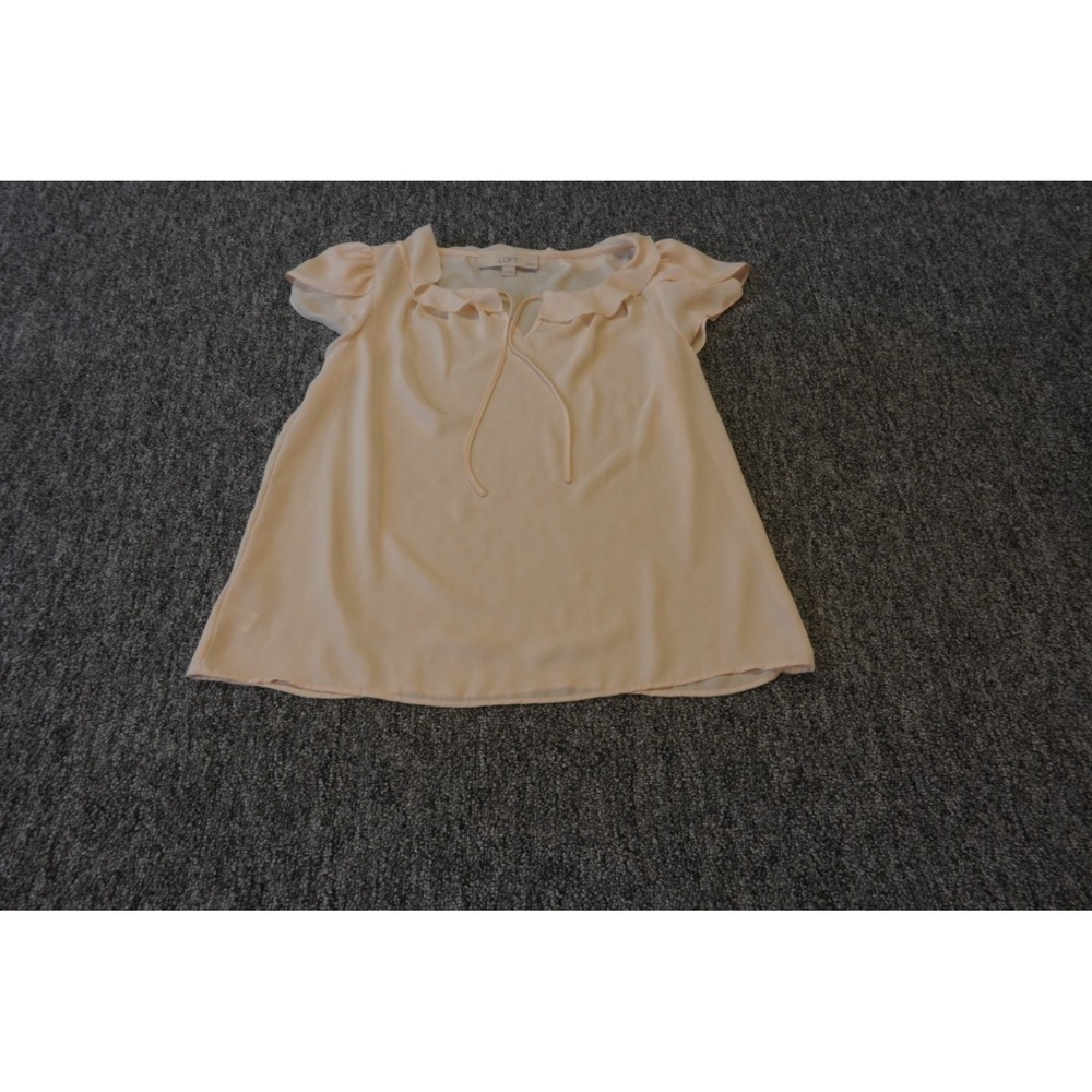 Loft Ann Taylor Blouse Top Womens Small Petites Pink Tie Neck Ruffle Detail